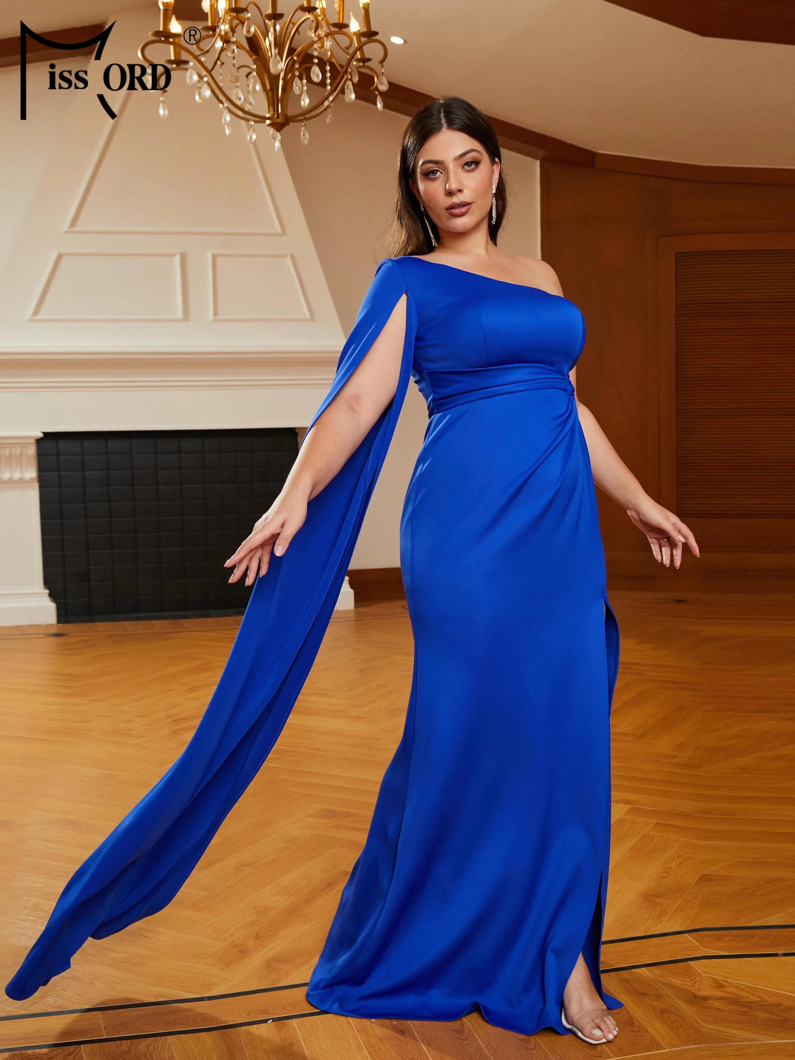 Missord Blue Plus Size Evening Dress Women Elegant One Shoulder Split Long Sleeve Ruched Maxi Mermaid Party Prom Dresses Gown