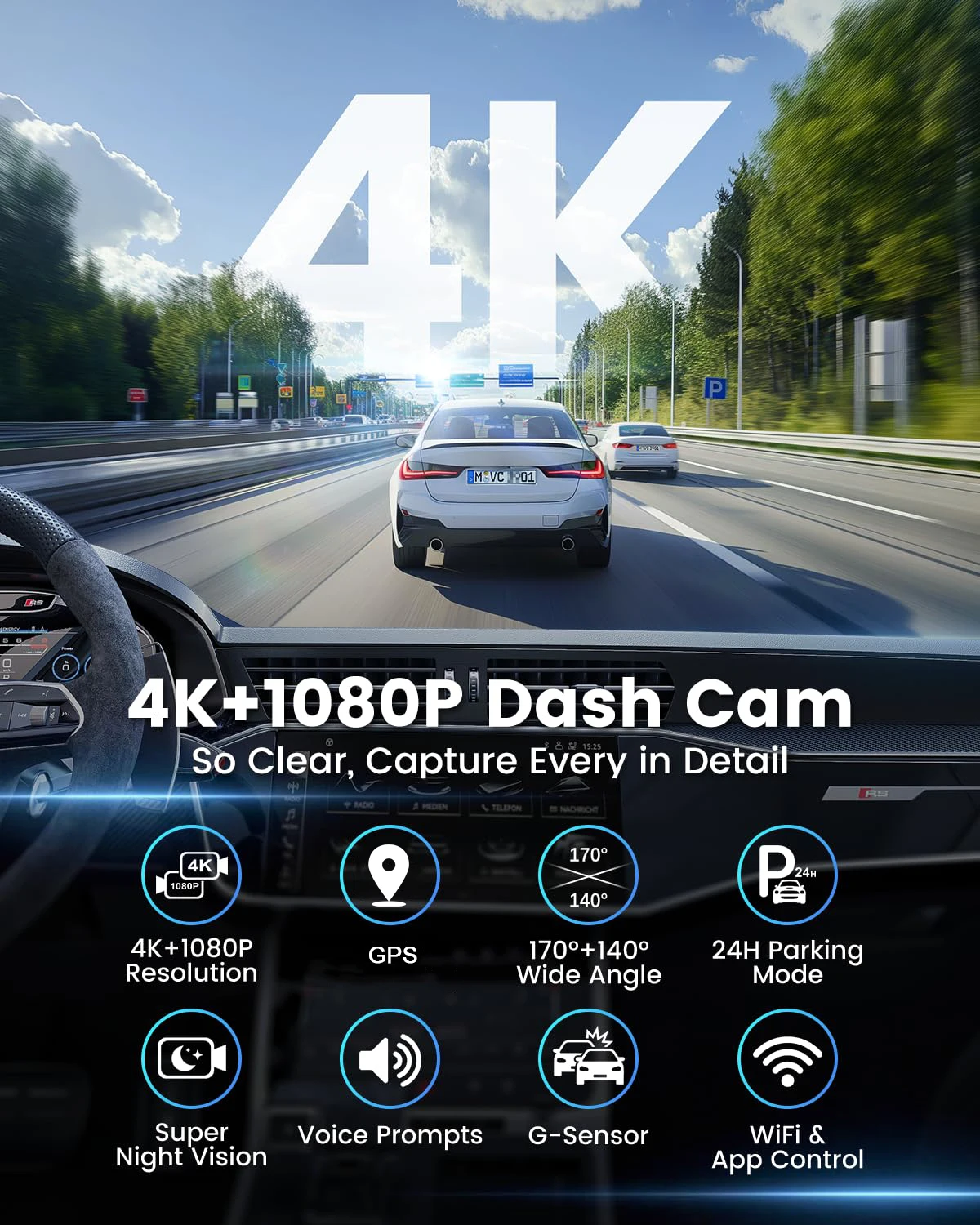 4K Dash Cam WIFI GPS Mini CAR DVR Front  And Rear Dual Lens Video Recorder Black Box Night Vision 24H Parking Monitor