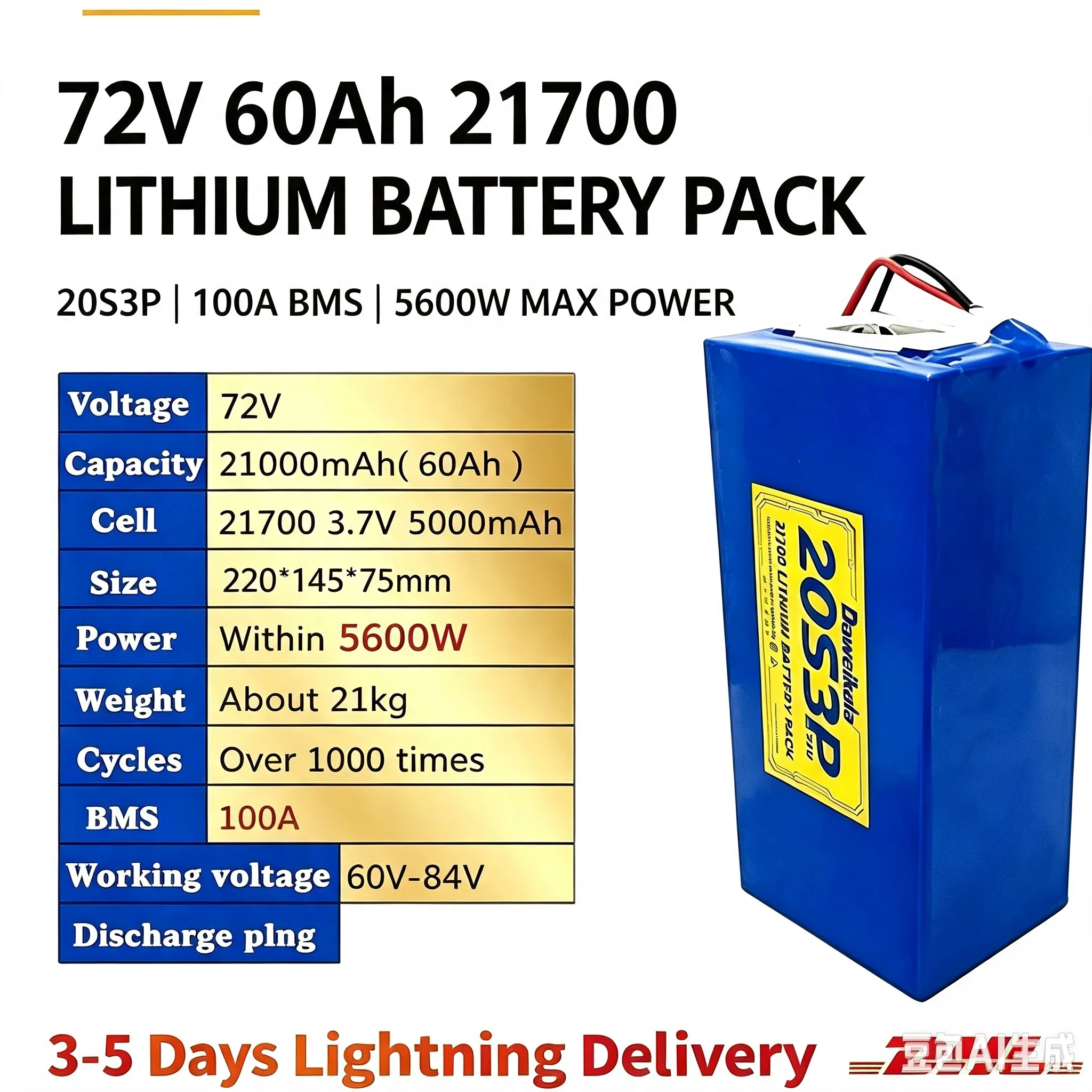 72V 60Ah 20S3P 21700 Lithium-Batteriepack, 100A BMS, max. 5600W Leistung, für E-Bike Elektroroller, mit Entladestecker, 1000+ Zyklen