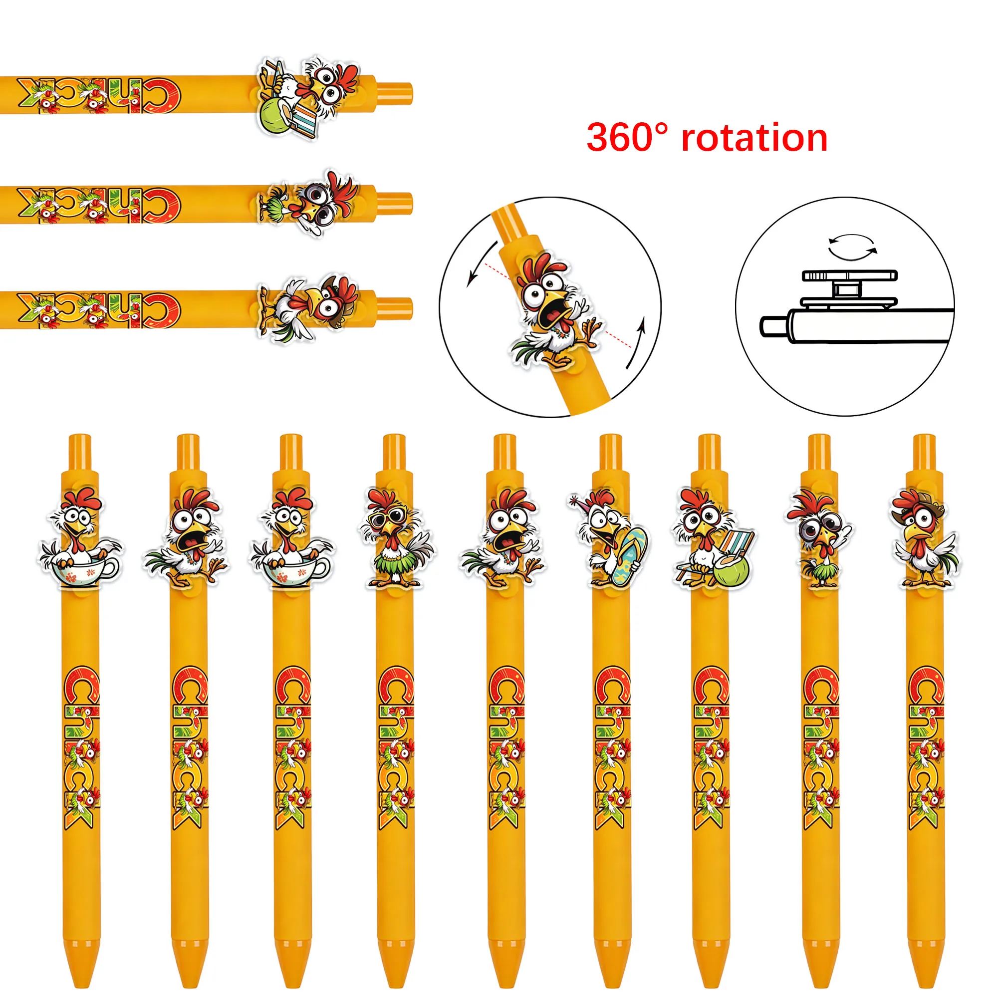 14-teiliges Kreatives Sommer-Hühner-Thema Druckkugelschreiber-Set mit Rotationsmuster, Glatter Schreibfluss, Schwarze Tinte, Schüler-Schreibgeschenk
