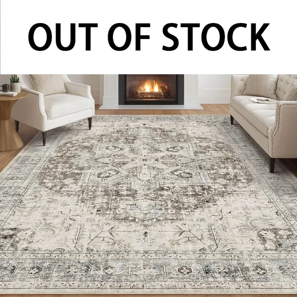 Area Rug Living Room Rugs - 9x12 Washable Boho Rug Oriental Distressed Large Thin Indoor Carpet for Bedroom Under Dining Table