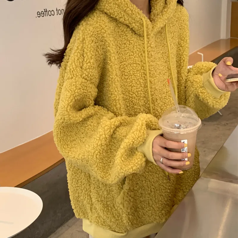 Autunno inverno donna falso Pullover in lana d'agnello caldo addensare felpe con cappuccio orecchie d'orso Kawaii felpa con cappuccio sciolto Casual in pile Outwear