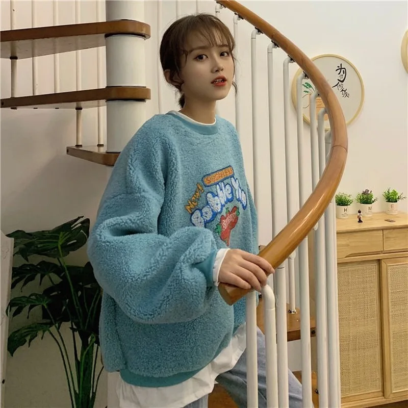 Sweatshirt Women Lovely Soft Thicker Velvet Cartoon College Girls Winter Clothes Korean Sudaderas Para Mujer Fashion New Design