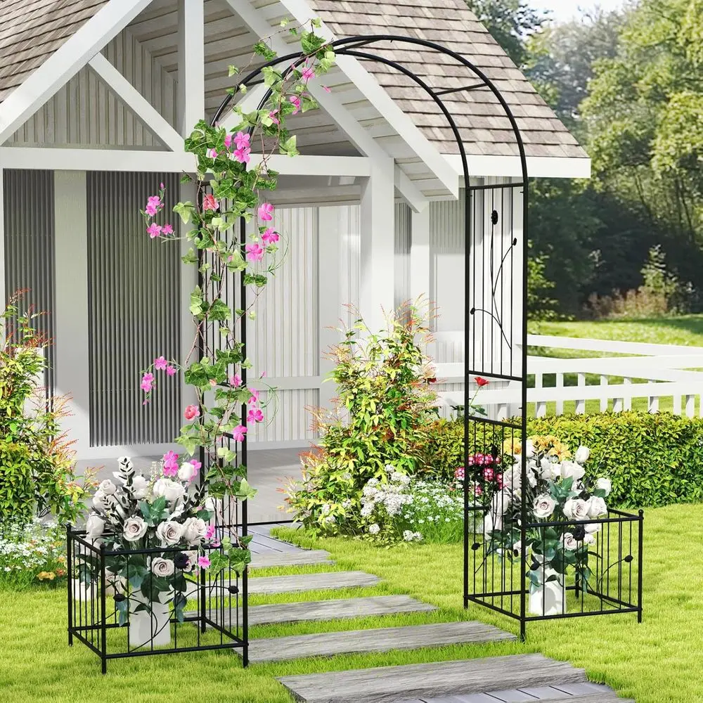 Garden Arch Trellis with Planters, 86 Metal Arbor Pergola, Heavy-Duty Outdoor Archway, Garden Yard Lawn Decoration