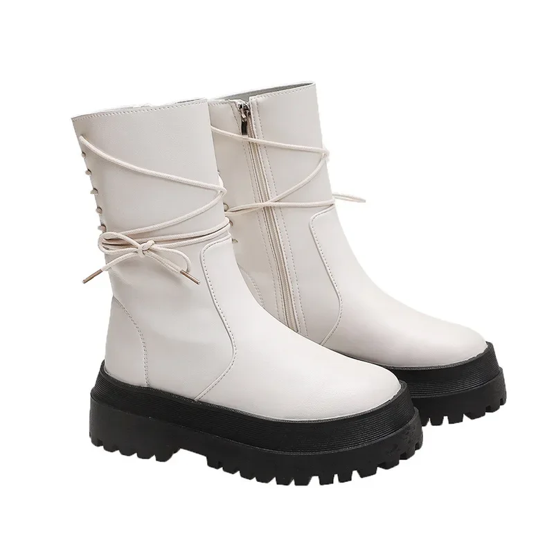 Women Boots 2021 New Leather Thick-soled 6 Boots Women\'s Short Boots Side Zipper Rider Boots Back Lace Mid-tube Boots