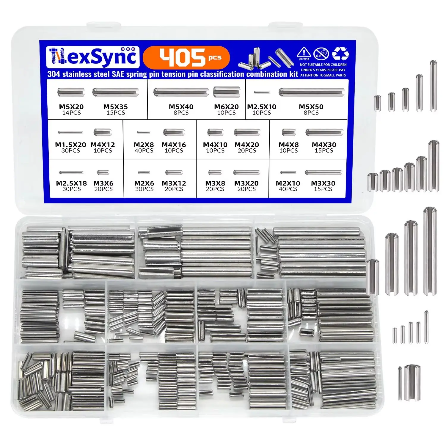 

405Pcs 304 Stainless Steel SAE Spring Pin Assortment Kit, Heavy Duty Split Pins, Flexible Locking Fasteners for Machinery