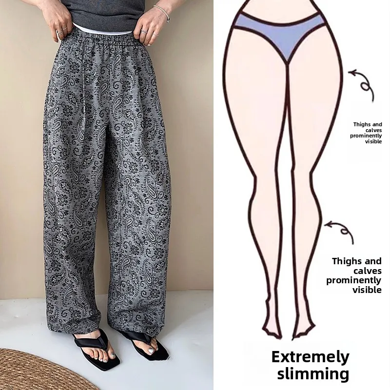 

Summer plus Size Fashion Embroidered Elastic Waist Casual Pants Women's plus Size 200 Pounds High Waist Loose Slim Wide Leg P...