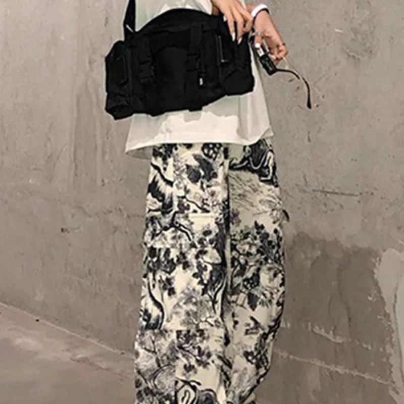 Hara j u-style personalized printed loose straight-leg pants wide-leg pants style street style loose print loose dark style