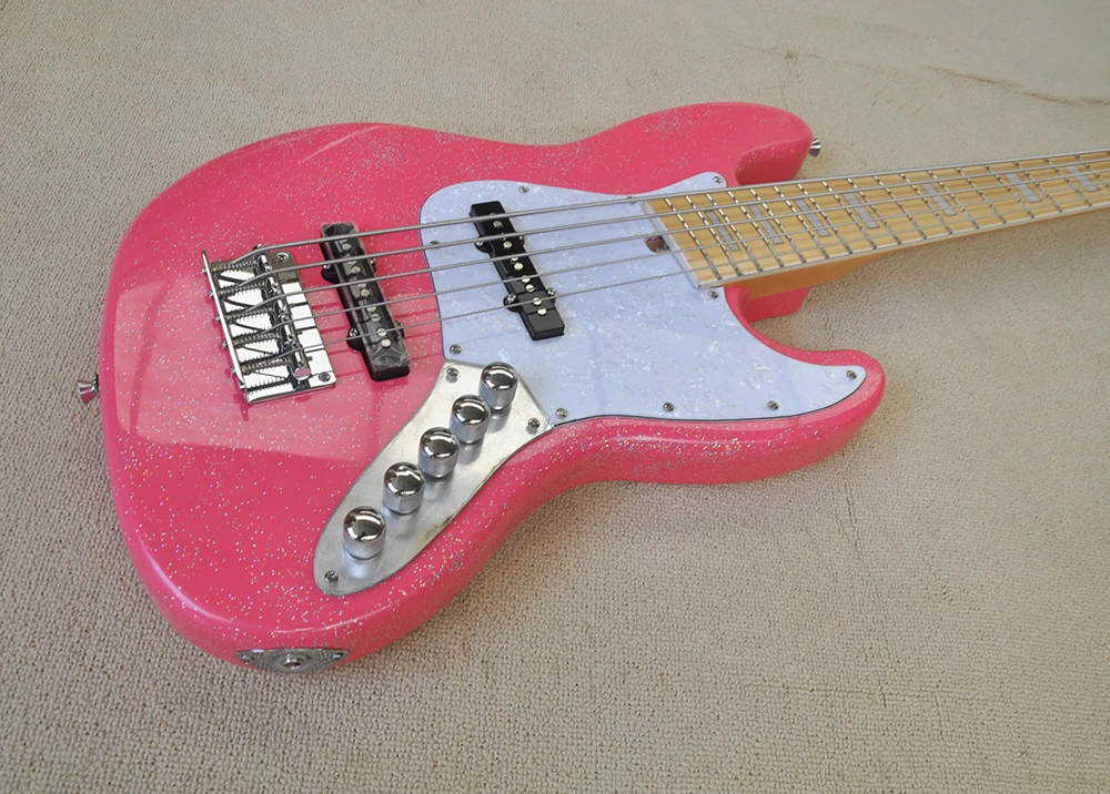 5 Strings Sparkle Pink Electric Bass Guitar with Maple Fretboard,White Pearl Pickguard,Customized Logo/Color Available