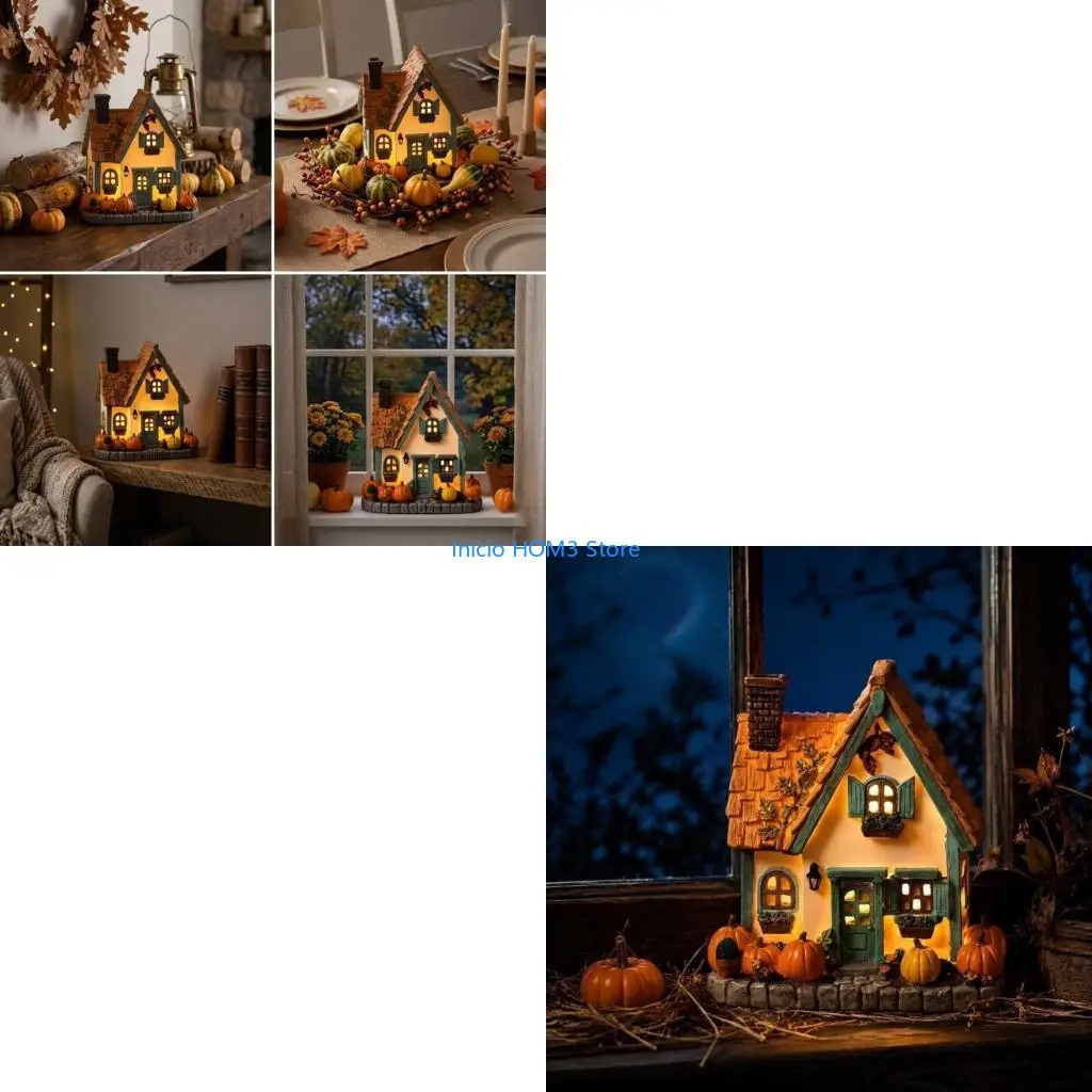 A5YD Fall Pumpkin Cottage Table Decors Resin Mini Village House Statue with LED Light