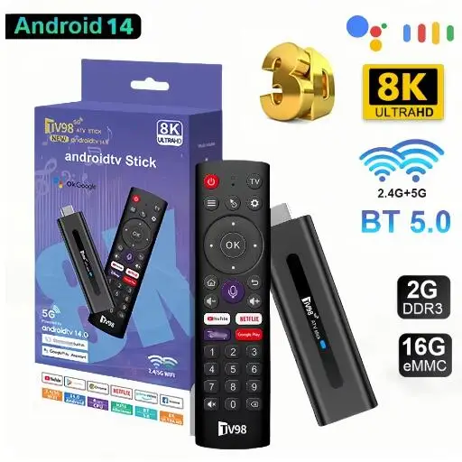 

Тв-приставка TV98 ATV Mini TV Stick Android 14 Allwinner H618 Quad Core Cortex A53 поддержка 8K видео 4K Wifi6 BT5.0 голосовой пульт дистанционного управления Smart TV Box