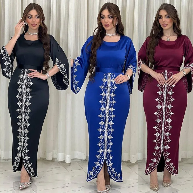 

Luxury Elegant Party Dress With Rhinestone And Nail Bead Decoration Women's Beaded Detail Round Neck Long Sleeve