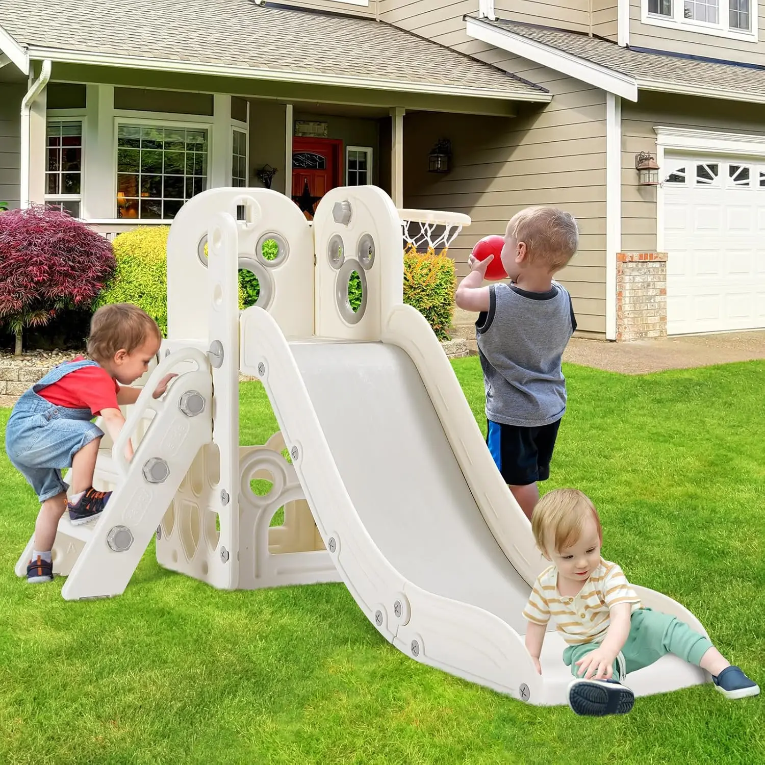 

Kids Slide L-Shaped, 5 in 1 Slide Climber for Toddler, with Ball & Hoop,Storage Space and Non-Slip Steps,In/Outdoor Baby Playset