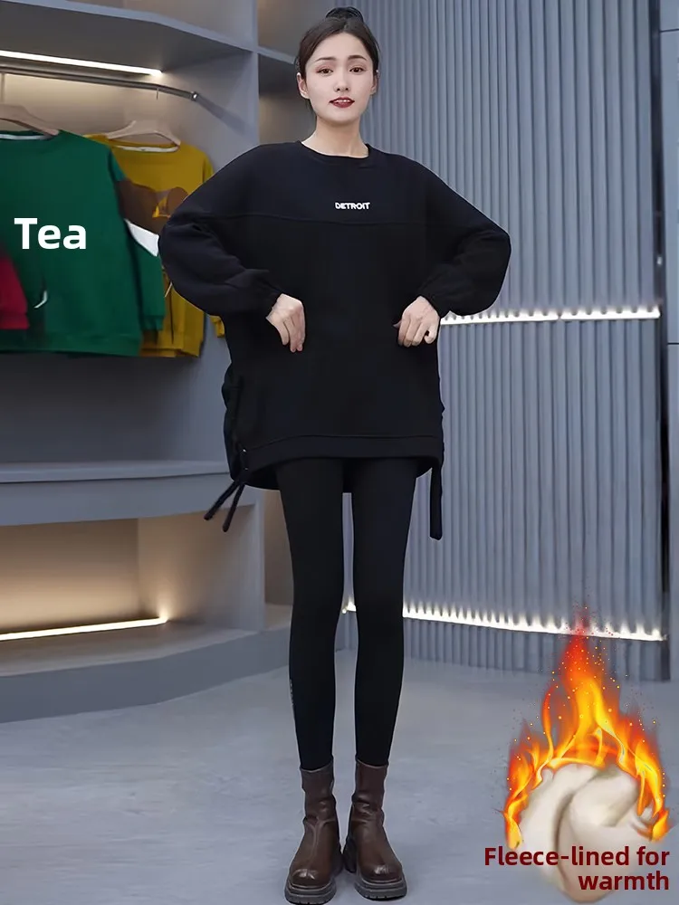 패셔너블한 안감 후드티 여성용 중간 길이 롱 슬리브 겨울 신상 슬리퍼 스타일 탑 유럽 스타일 의류