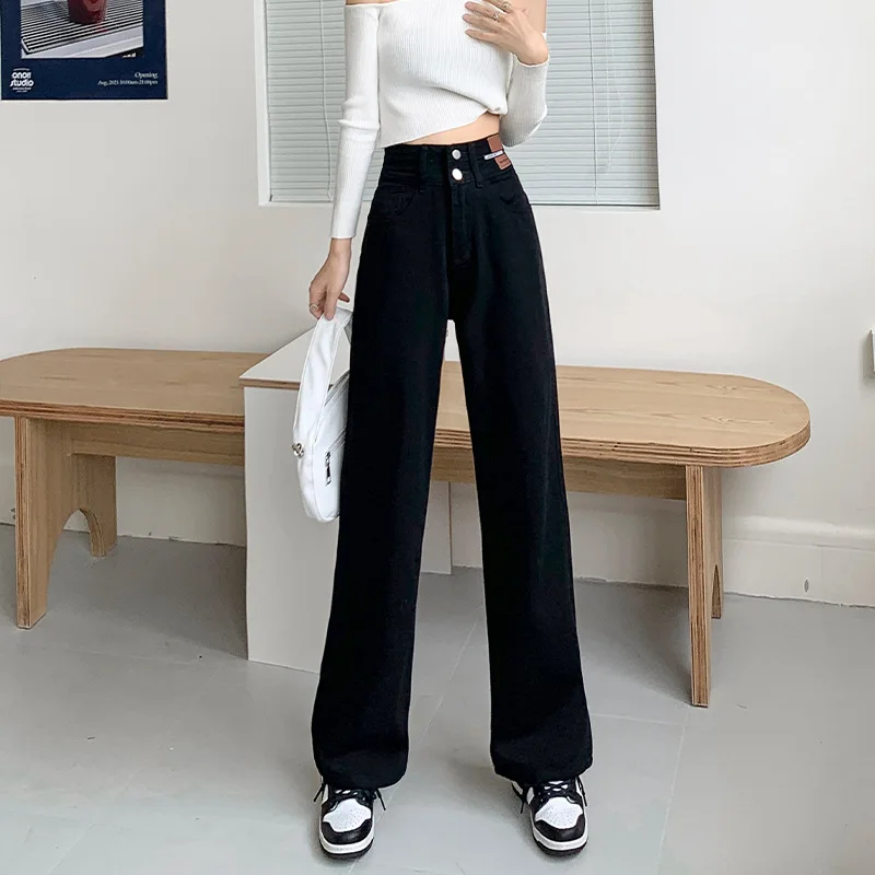 สูงเอวตรงกางเกงยีนส์ผู้หญิงล้าง Jean DENIM กางเกงยาวหลวมกระเป๋า Casual Distressed Zipper Fly ฤดูใบไม้ผลิแบน