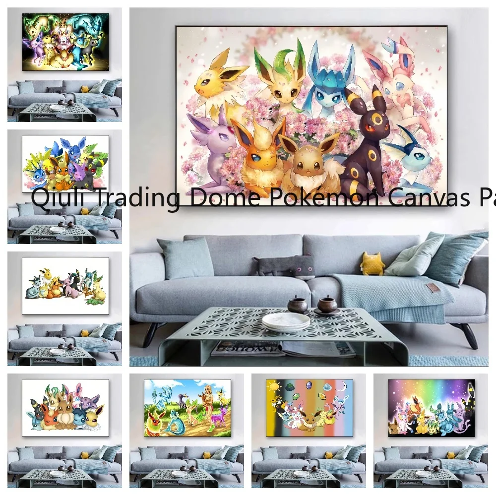 

Pokemon Anime Peripherals Eevee Posters Pikachu Kawaii Picture Art Water Colours Canvas Painting for Kids Bedroom Wall Decorate