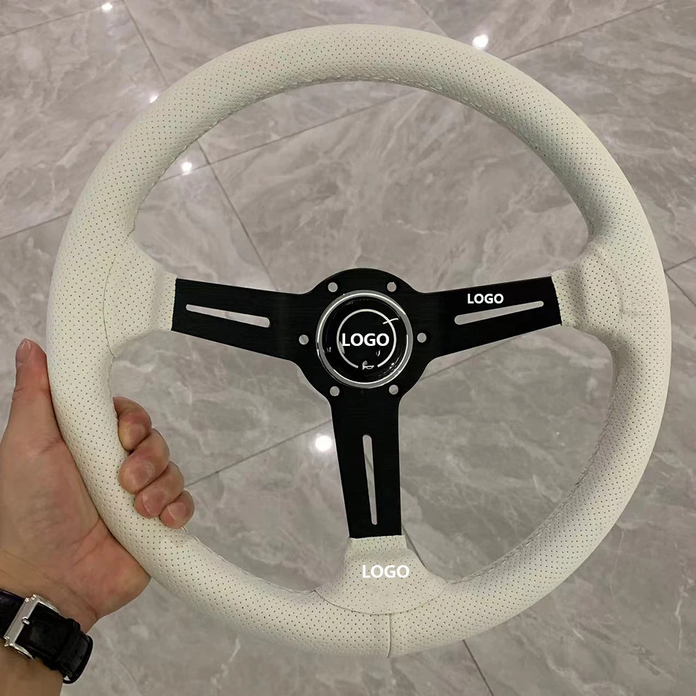 Tiypeor 14inch 350mm White Perforated Leather Steering Wheel  Universal Racing Drifting Steering Wheel Black Spoke