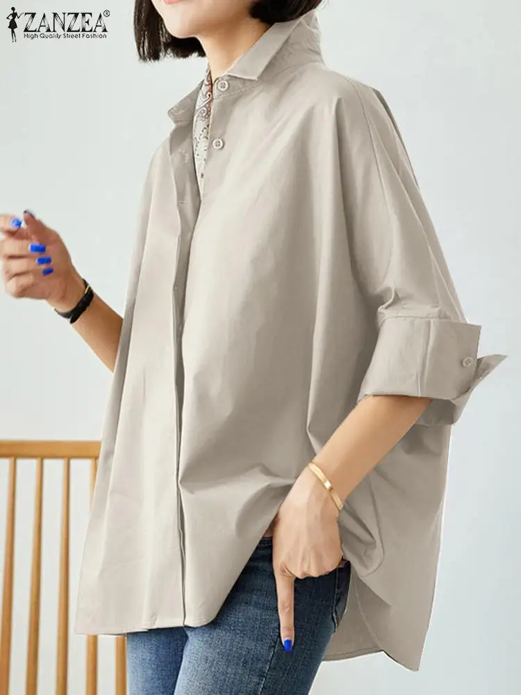 ZANZEA Women 3/4 Sleeve Blouse Fashion Loose OL Shirts Spring Autumn Tops Casual Buttons Blusas Female Blouses Solid Tunic Mujer