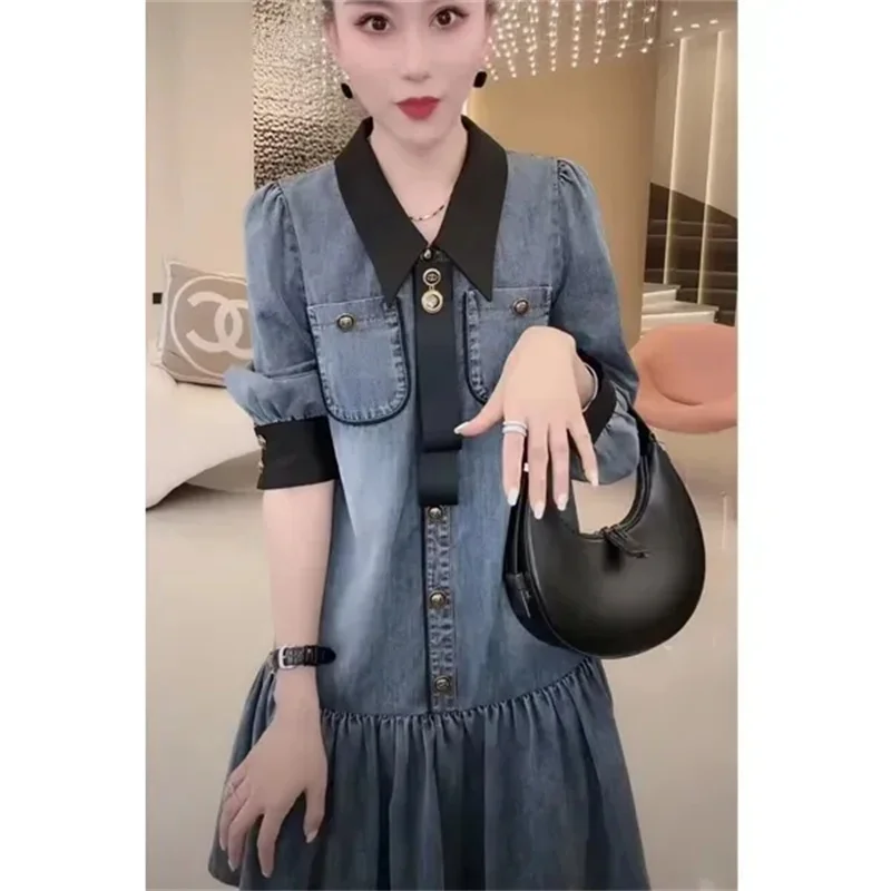 2023 Autumn New Women Denim Personalized Button Stitching Mid Length Long Sleeved Dress Slim Belly Covering Loose Fitting Skirt