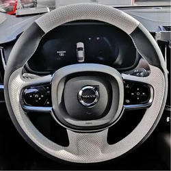 White Genuine Leather for Volvo XC90 XC60 V90 V60 S90 S60 Hand Sewing Car Steering Wheel Cover Protection Car Accessories Black