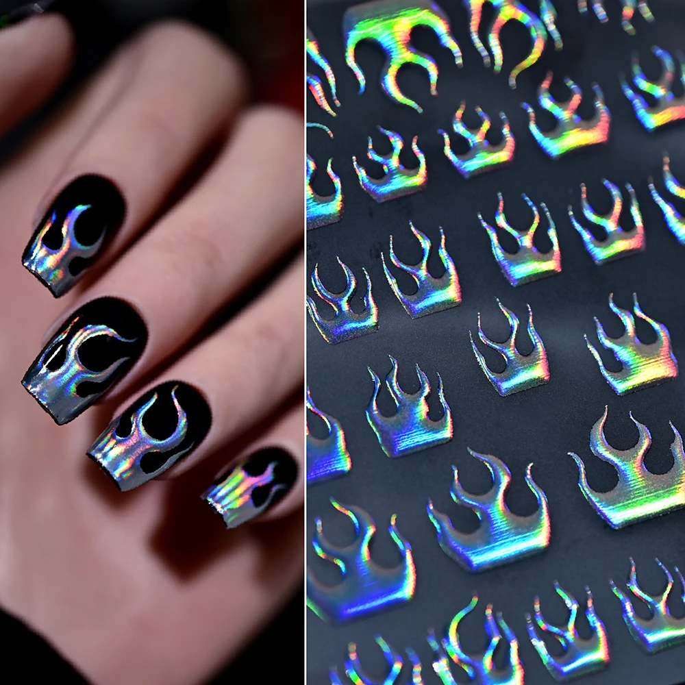1 Sheet 5D Holographic Flame Nail Stickers Shiny Laser Rainbow Gradient Self-adhesive French Tip Nail Decals Punk Nail Sliders**