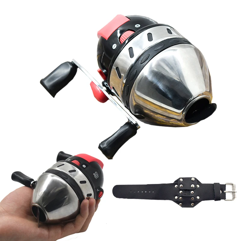 

Slingshot Fishing Reel Metal Speed Ratio 3.4:1 Spinning Interchangeable Handles Closed Fish Wheel for Outdoor Hunting Shooting