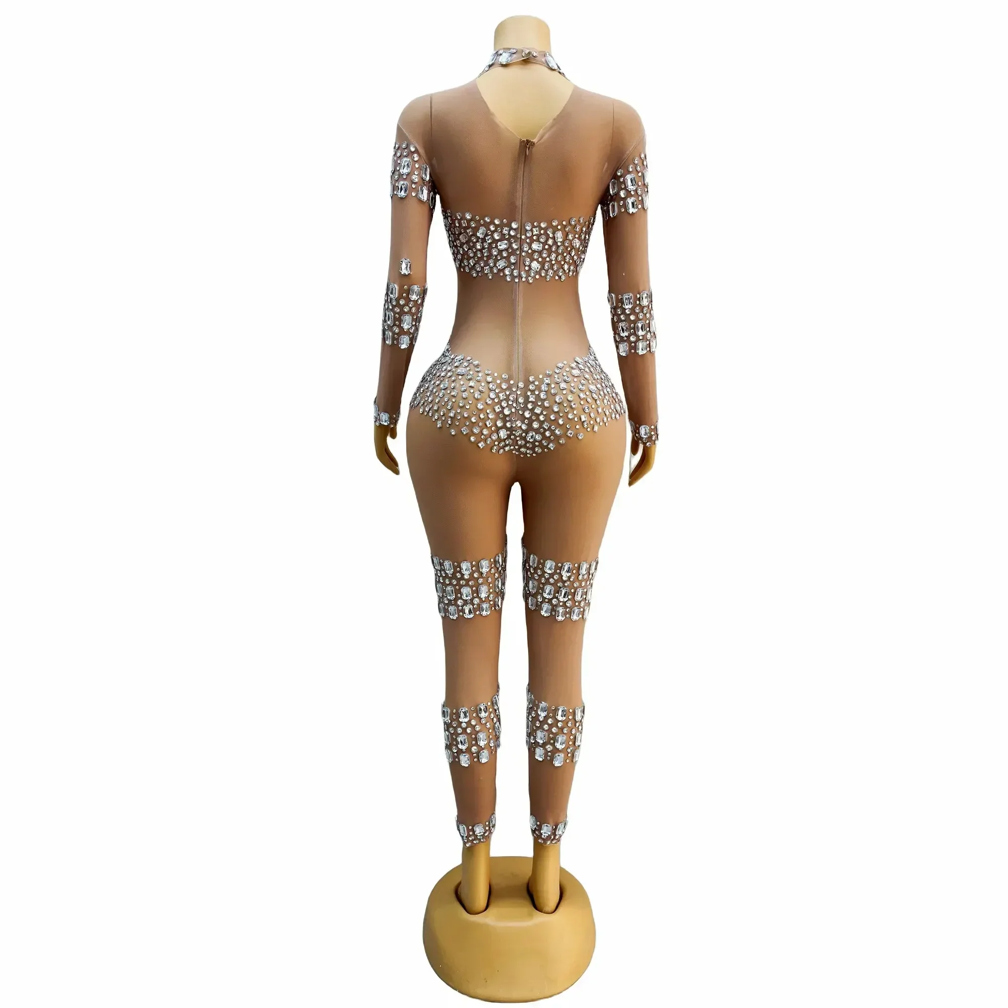 Sparkly Silver Big Rhinestones Transparent Sexy Jumpsuit  Evening Birthday Celebrate Costume Dance Performance Leggings Bodysuit