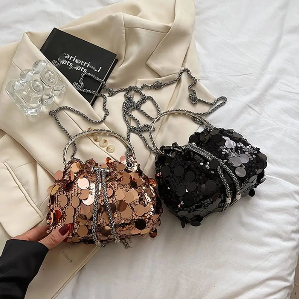 Fashion Women Sequin Shoulder Bag Mini Bucket Shiny Handbags Purses New Chain Crossbody Bags with Round Handle