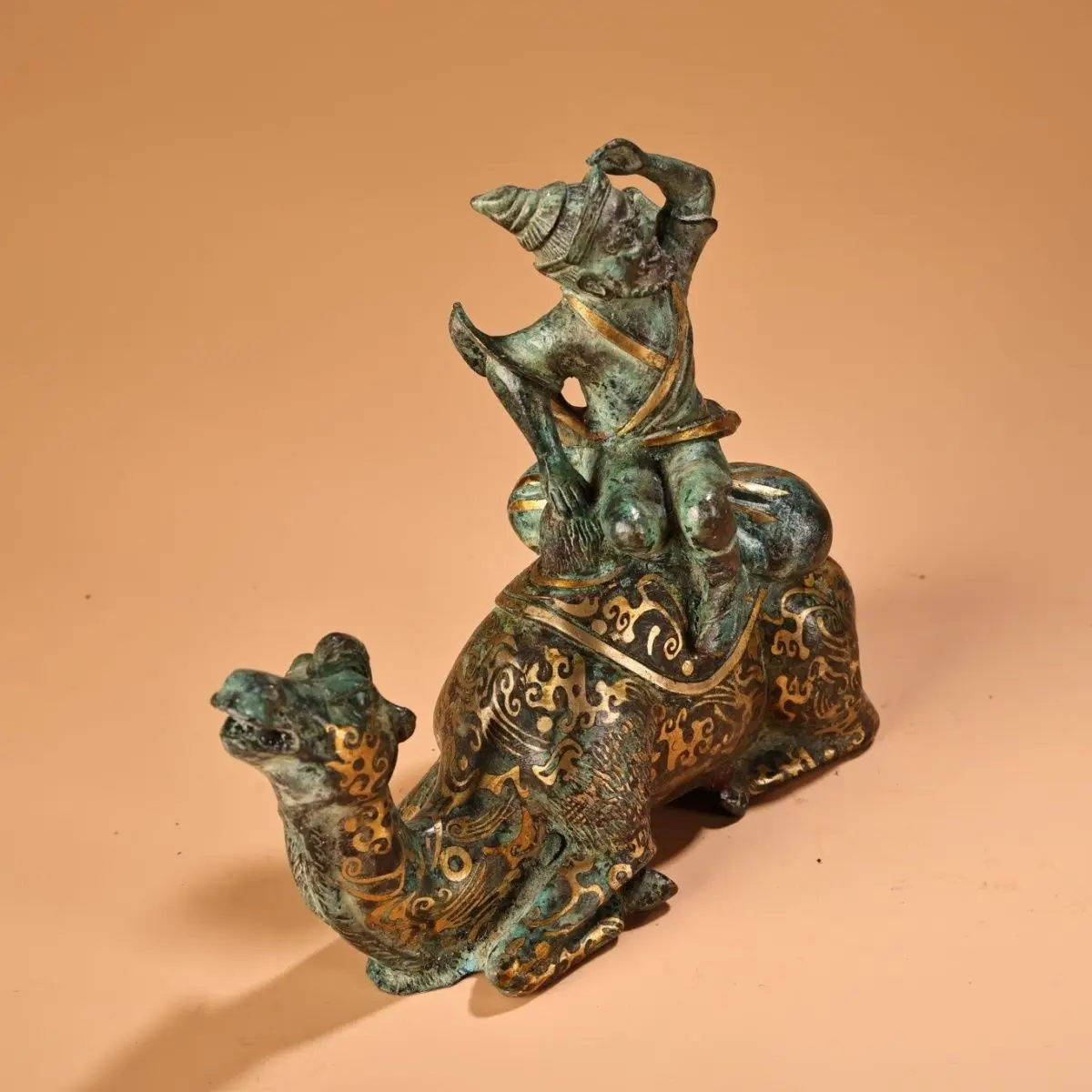 Ancient Gilded Bronze Sculpture, Foreign Trader on Camel Home Decorative Table Ornaments