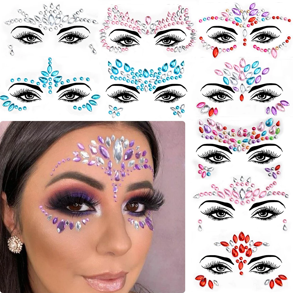 5 uds. De pegatinas coloridas para maquillaje facial para niños, diamantes de cristal, piedras preciosas, niñas, mujeres, vacaciones, purpurina, fiesta, tatuajes adhesivos para ojos y cara *