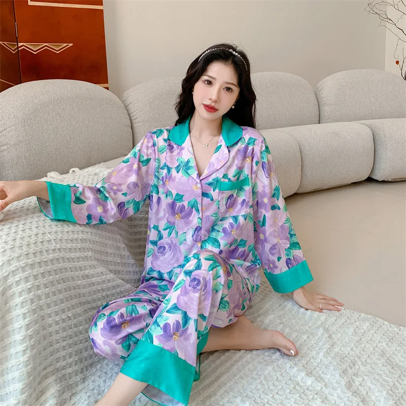 

2024 Spring New Pajama Set French Flip Collar Satin Sleepwear Women's Fashion Printed Home Clothes Intimate Lingerie Nightwear