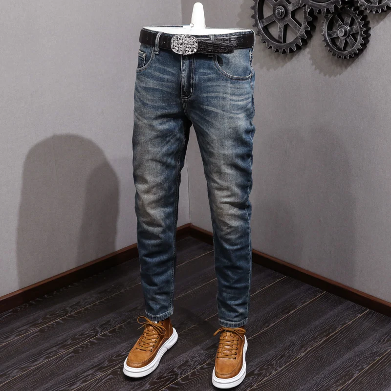 Italian Style Fashion Men Jeans Retro Blue High Quality Stretch Elastic Slim Fit Ripped Jeans Men Vintage Designer Pants Hombre
