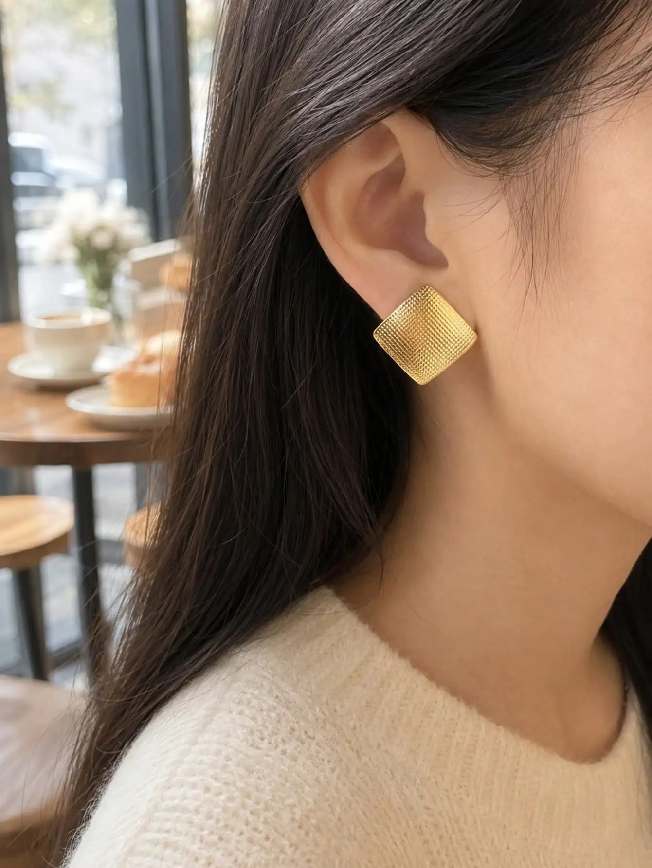 Stainless Steel Square Stud Earrings for Women Gold Tone Textured Geometric Square Statement Ear Jewelry Daily Wear
