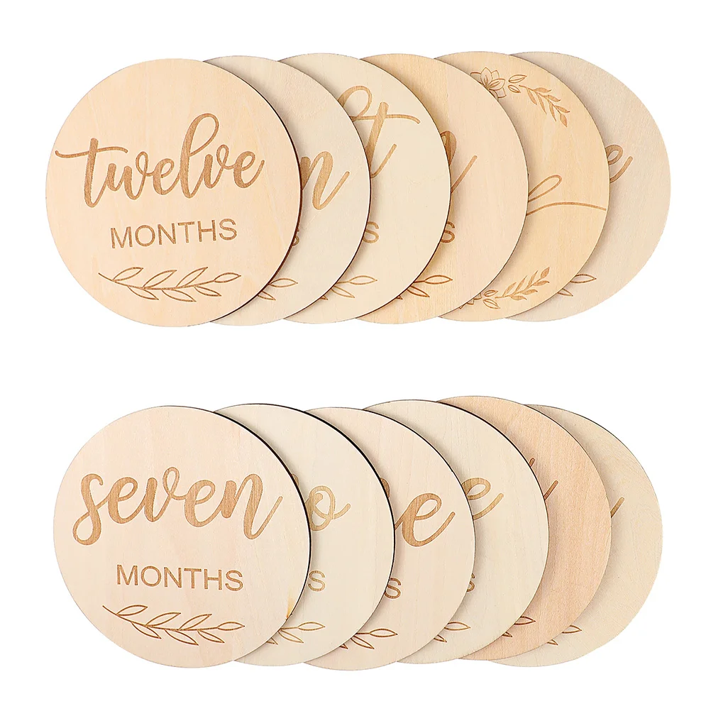 12 Pcs Photo Props Monthly Baby Milestone Newborn Wood Cards Infant Discs Wooden Double Sided