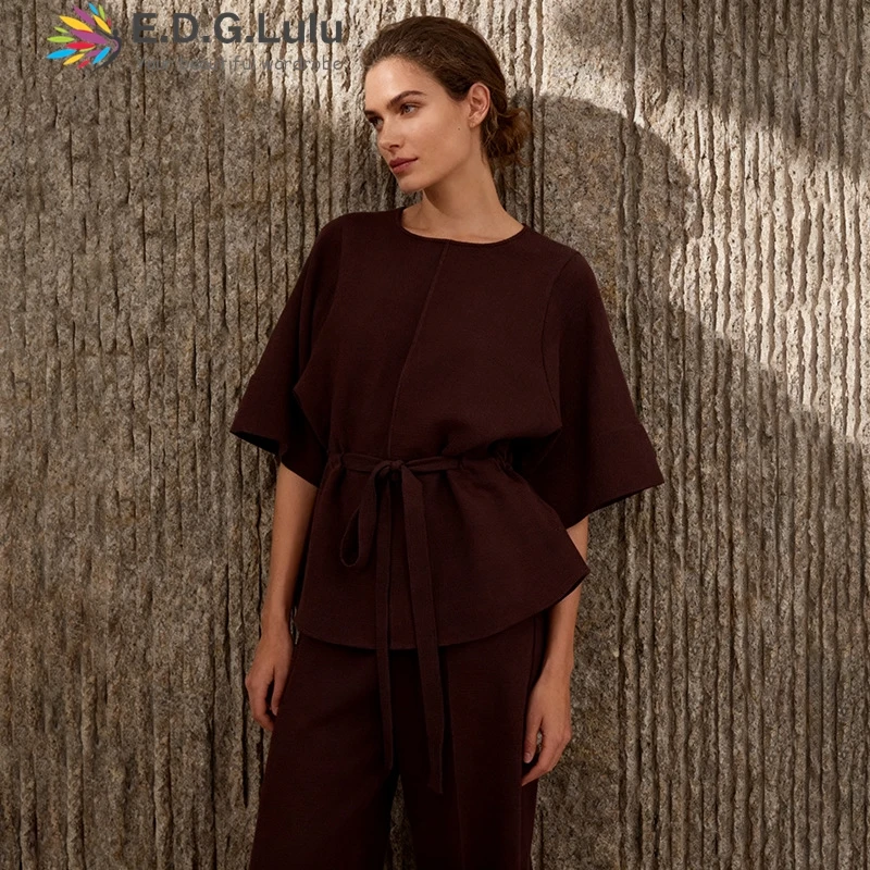 

EDGLuLu 2025 Autumn Winter New Arrival Waist Lace-Up Pullover Casual Loose Short Sleeved Knitted Sweater 1219