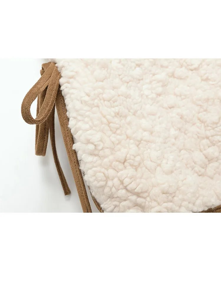 HH Women Winter New Fashion Warm Crew Neck Adjustable Waist Lamb Wool Vest Female Casual Versatile Zipper Bow Tie Sleeveless Top