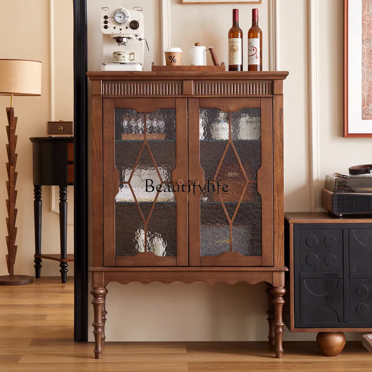 

Solid wood glass wine cabinet French retro walnut living room storage side cabinet