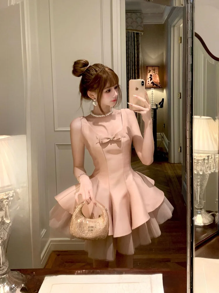 

Ballet Pink Swallowtail Sweet Princ Sle High Waist Me Puffy Skirt Dr Color Blo Summer Casual Zipper Bal