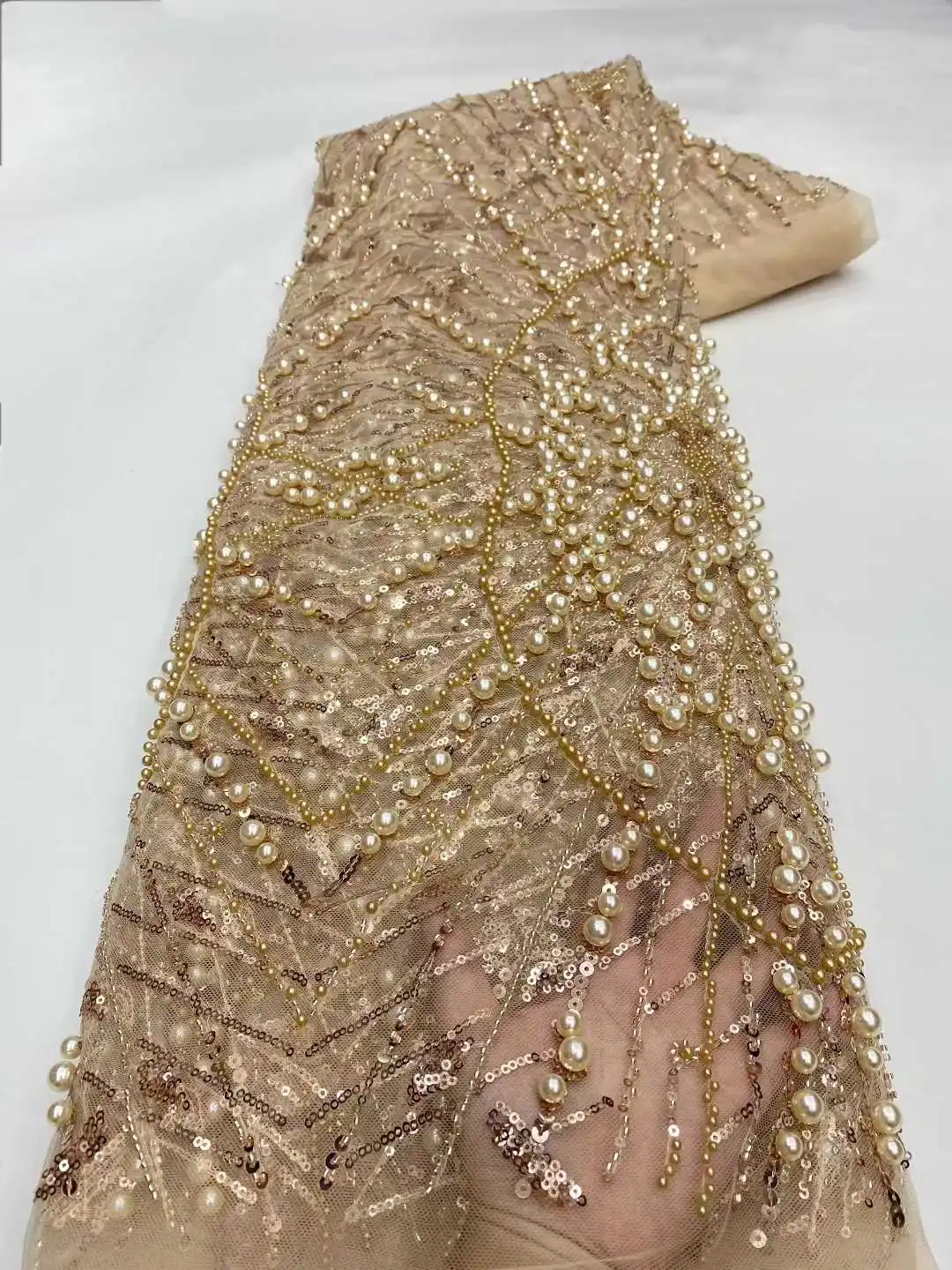 African Heavy Beaded Lace Fabric 5 Yards 2025 High Quality French Nigerian Mesh Sequins Lace For Women Wedding Dresses Sewing