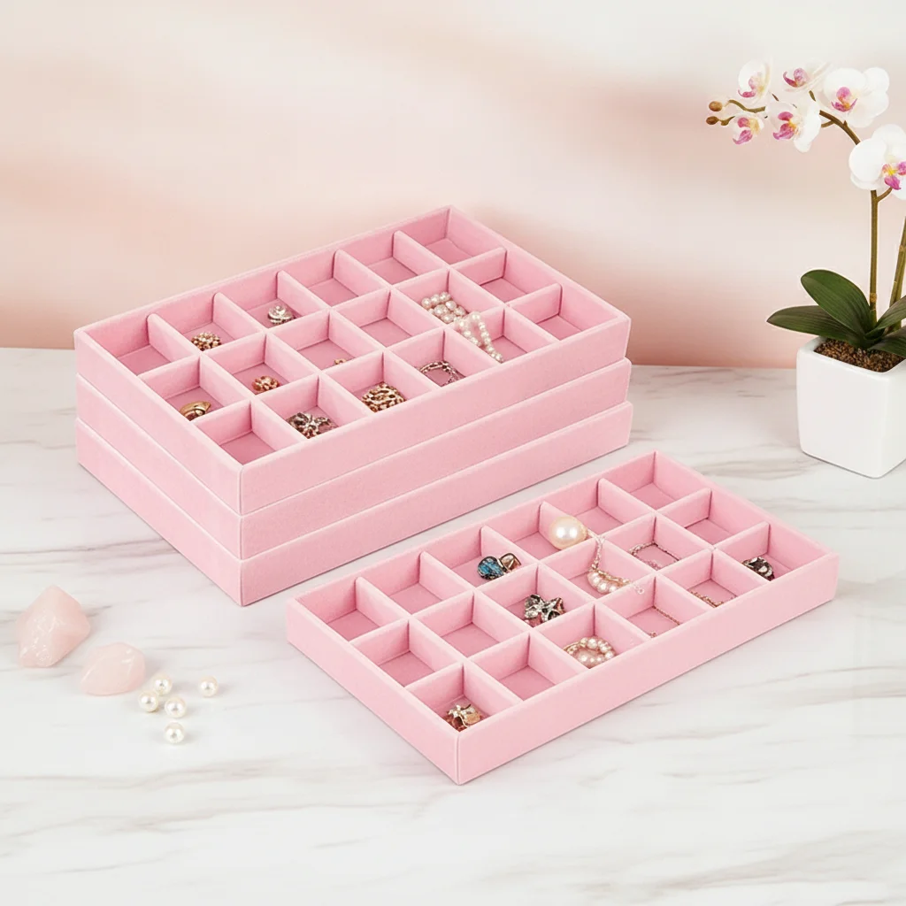 Hot Jewelry Organizer Velvet Jewelry Storage Tray Ring Bracelet Necklace Storage Box Showcase Drawer Organizer Trays Pink 4Pcs