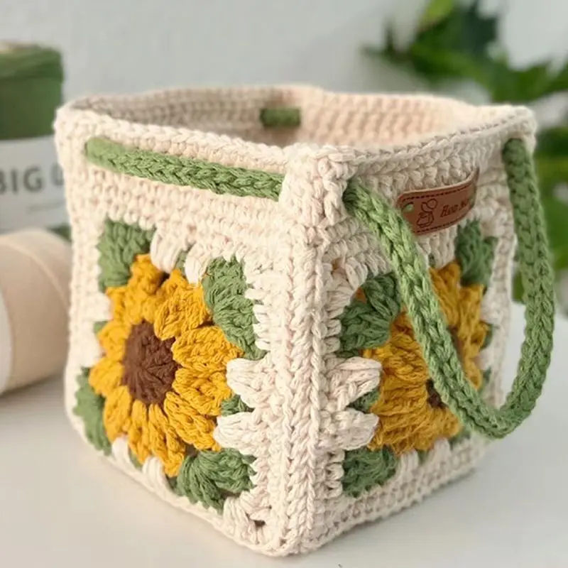 Yarn crochet sunflower handbag hand-woven vegetable basket small square bag homemade DIY material bag for best friend
