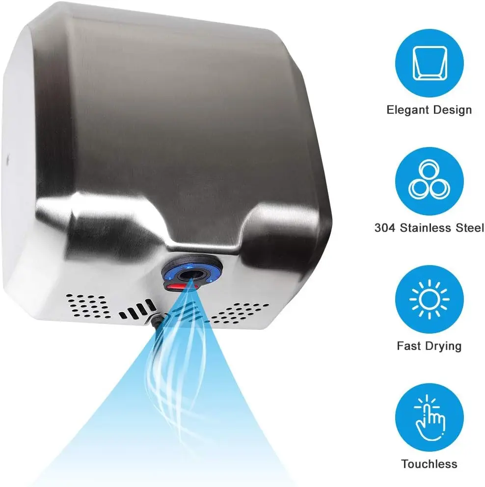 Stainless Steel Commercial Hand Dryer 1800w Automatic High Speed Heavy Duty Dull Polished Pack of 2