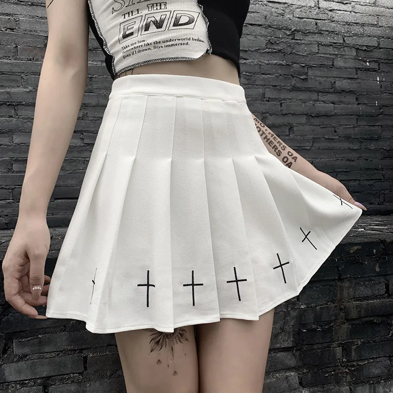 Hohe Taille Mini Schwarz Röcke Gothic Streetwear Print Plissee Frauen Röcke Casual College Lolita Harajuku Rock