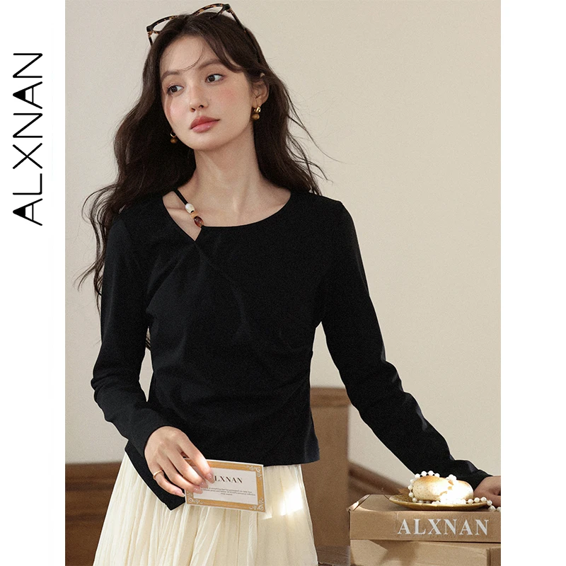 

ALXNAN женская футболка с круглым вырезом, облегающие пуловеры с обычными плечами и длинными рукавами, повседневный универсальный многослойный женский топ L551159-2