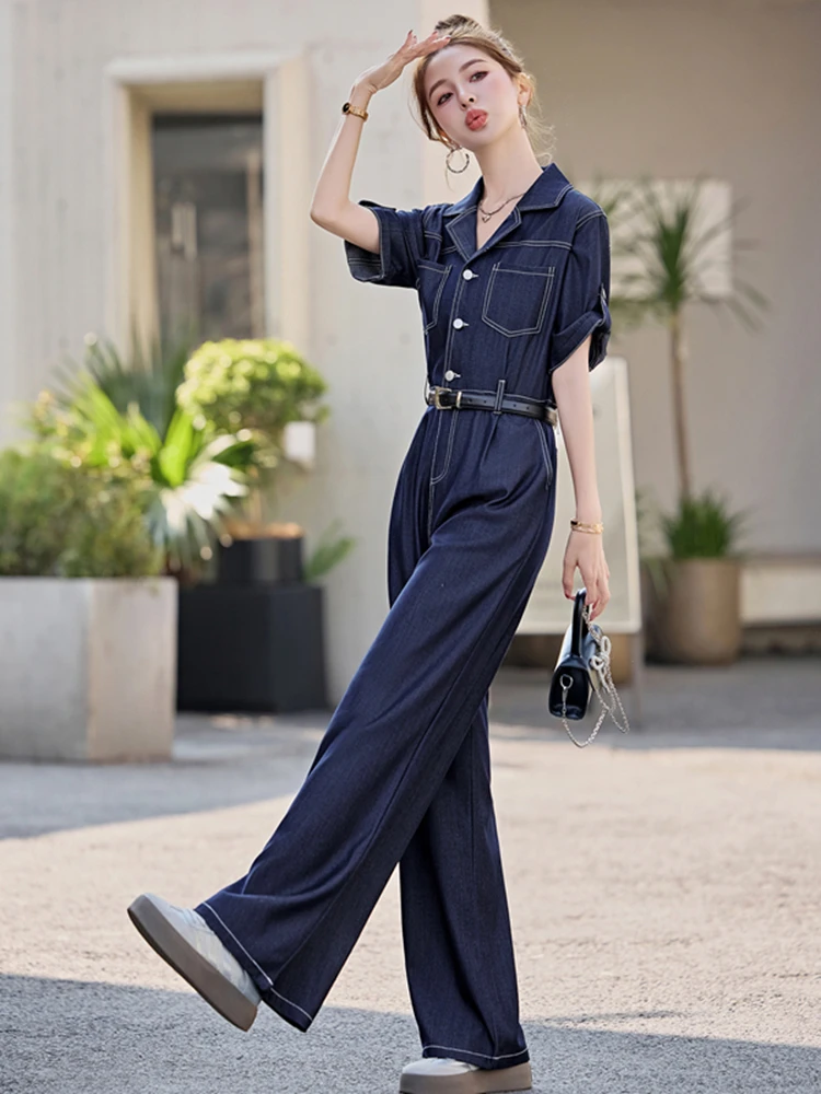 Letni kombinezon dżinsowy z szerokimi nogawkami, damski, modny, z wysokim stanem, wyszczuplający, prosty krój, lekki poliester.