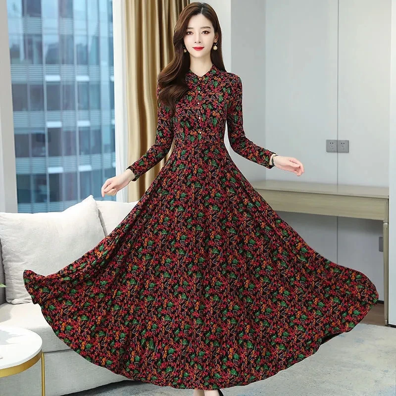 Women Spring Autumn Long Sleeve Dress Large Size Fragmented Flowers Slim Elegant Dress Mother Casual Maxi Printed Vestidos 4XL