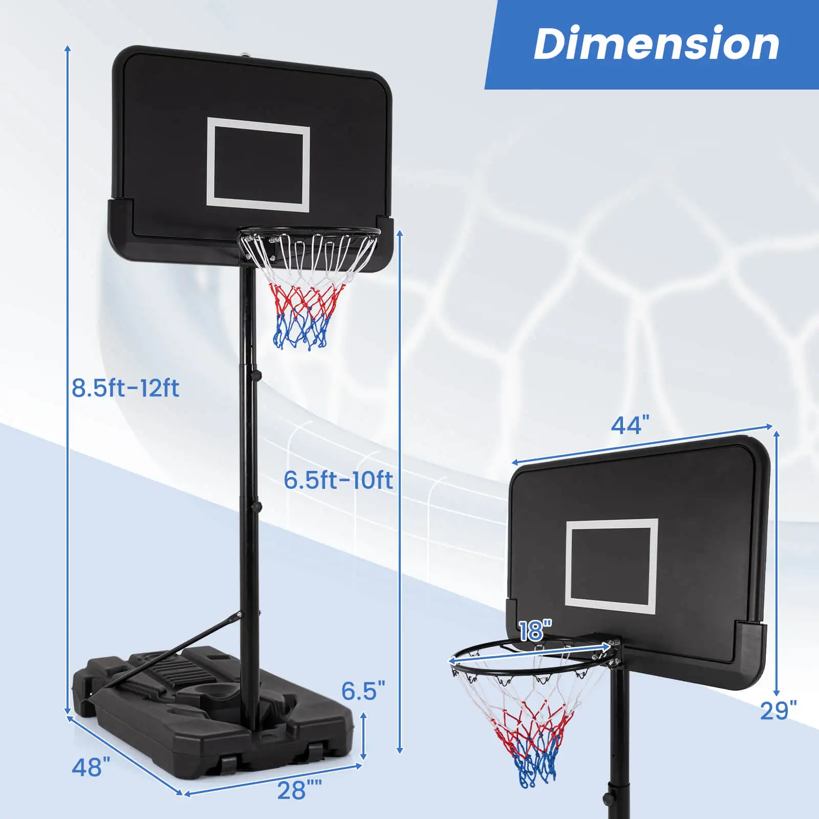 6.5-10 FT Adjustable Portable Basketball Hoop w/ 44 Inch Shatterproof Backboard