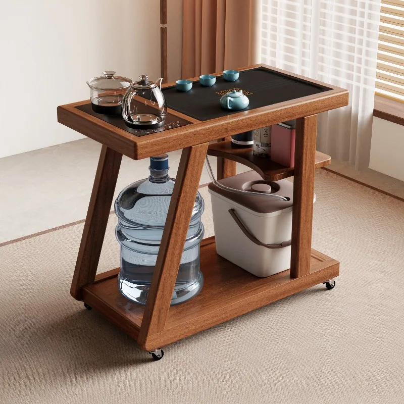 Mobile Solid Wood Tea Table, Small Tea Cart with Kettle & Storage Cabinet, New Multifunctional Set for Balcony & Home Tea Room