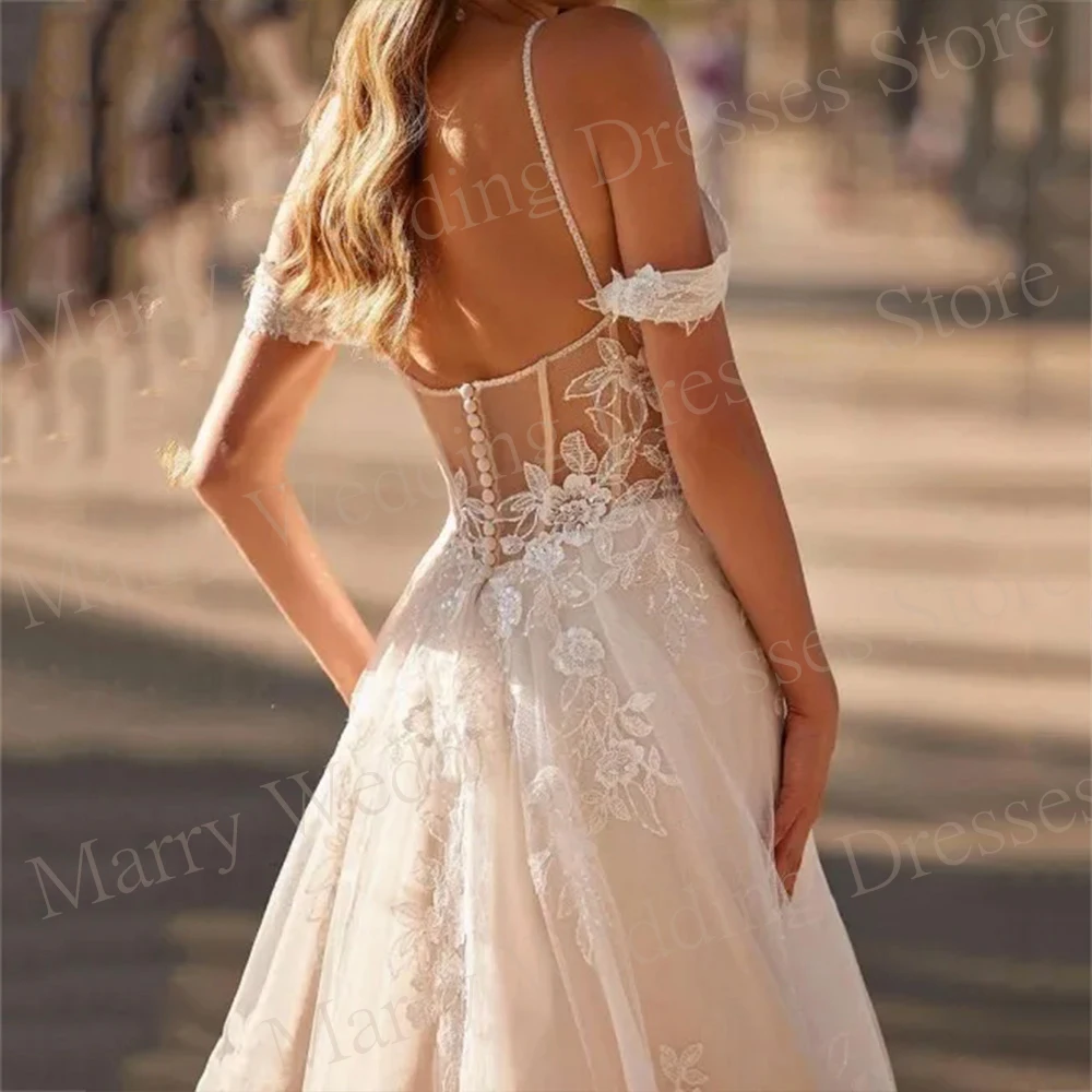 Elegant A-Line Tulle Wedding Dresses Lace Applique Bride Gowns V-Neck Off The Shoulder Illusion Button Back Vestidos De Novia