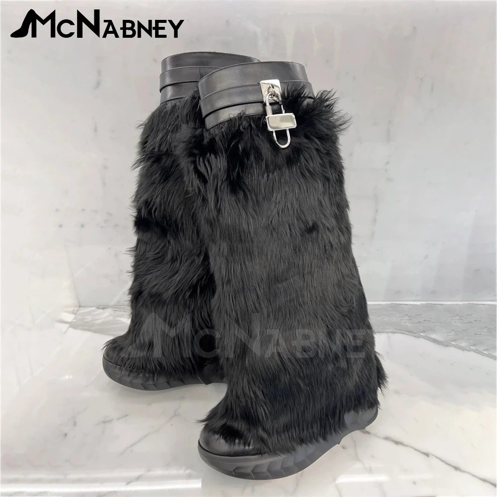 

Faux Fur Biker Knee Boots Luxurious Metallic Clasp Lock Designer Style Winter Warm Boots Novel Design Platform Slip-On Snow Boot